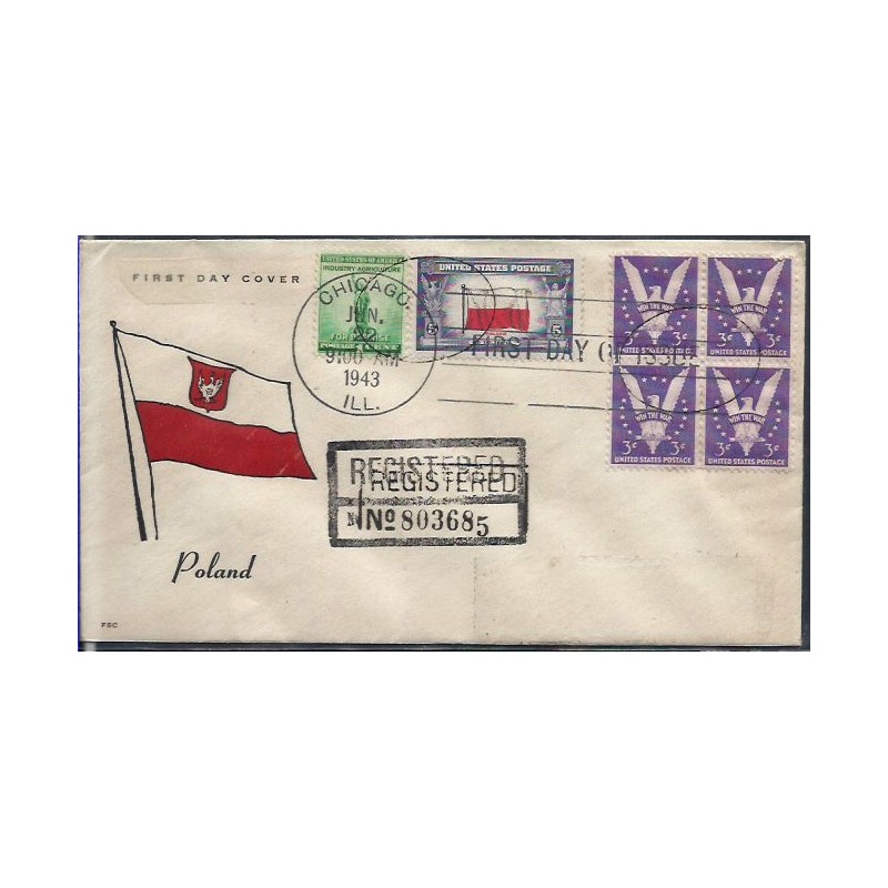 USA 1943, Okupowane kraje: Polska, flaga. FDC polecone