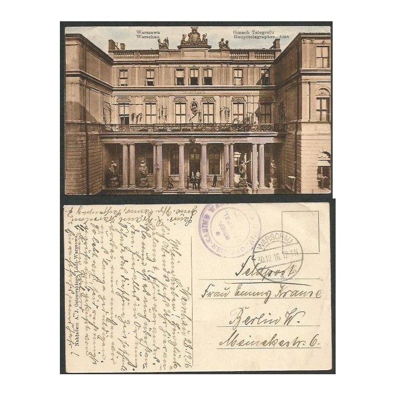 Warszawa, gmach telegrafu, obieg 1916. Feldpost – kasyno wojskowe