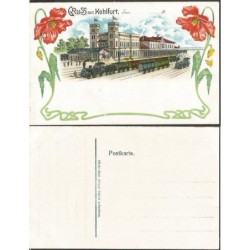 Węgliniec, dworzec kolejowy, lokomotywa. Litografia, bez obiegu