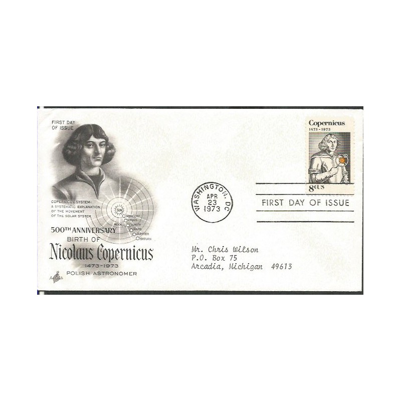 USA 1973, Mikołaj Kopernik, astronomia. FDC