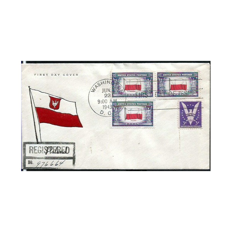 USA 1943, Okupowane kraje: Polska, flaga. FDC polecone