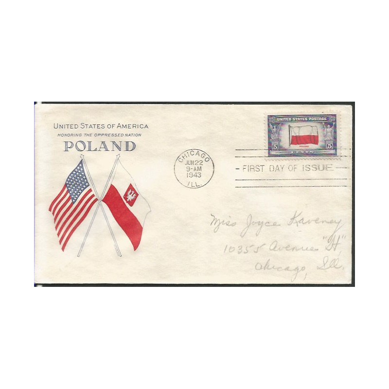 USA 1943, Okupowane kraje: Polska, flaga. FDC