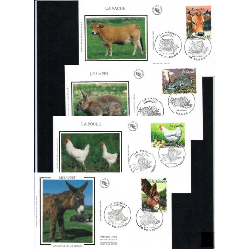 Francja 2004, Zwierzęta hodowlane: krowa, osioł, ptaki, królik. FDC