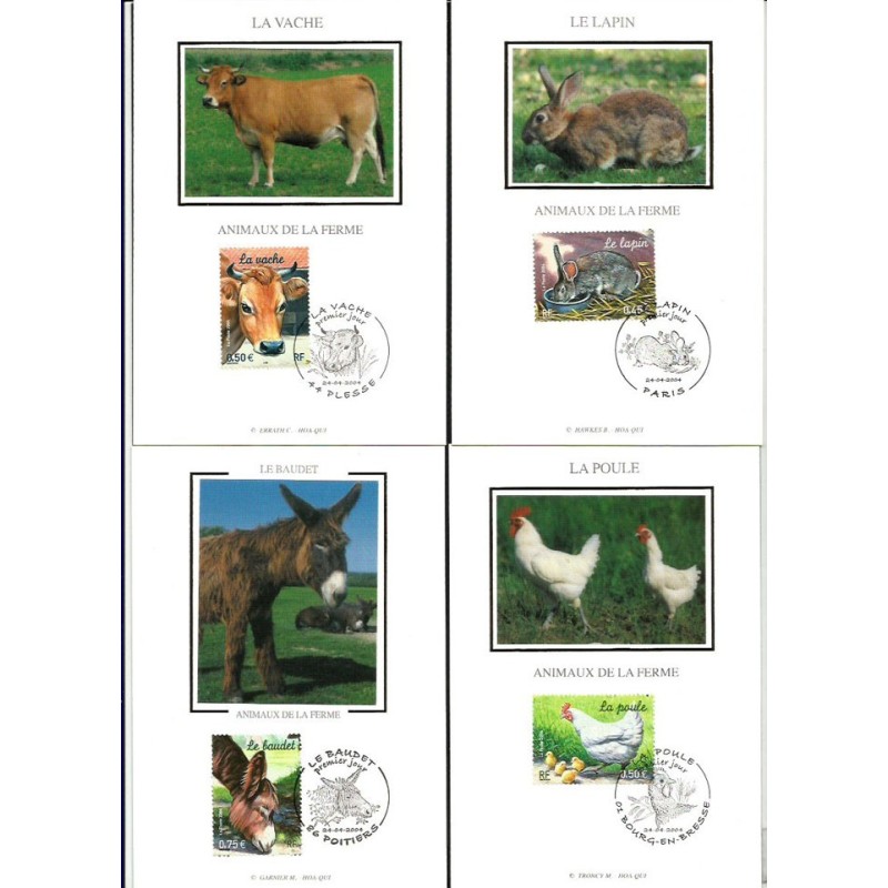 Francja 2004, Zwierzęta hodowlane: krowa, osioł, ptaki, królik. Karty maksimum