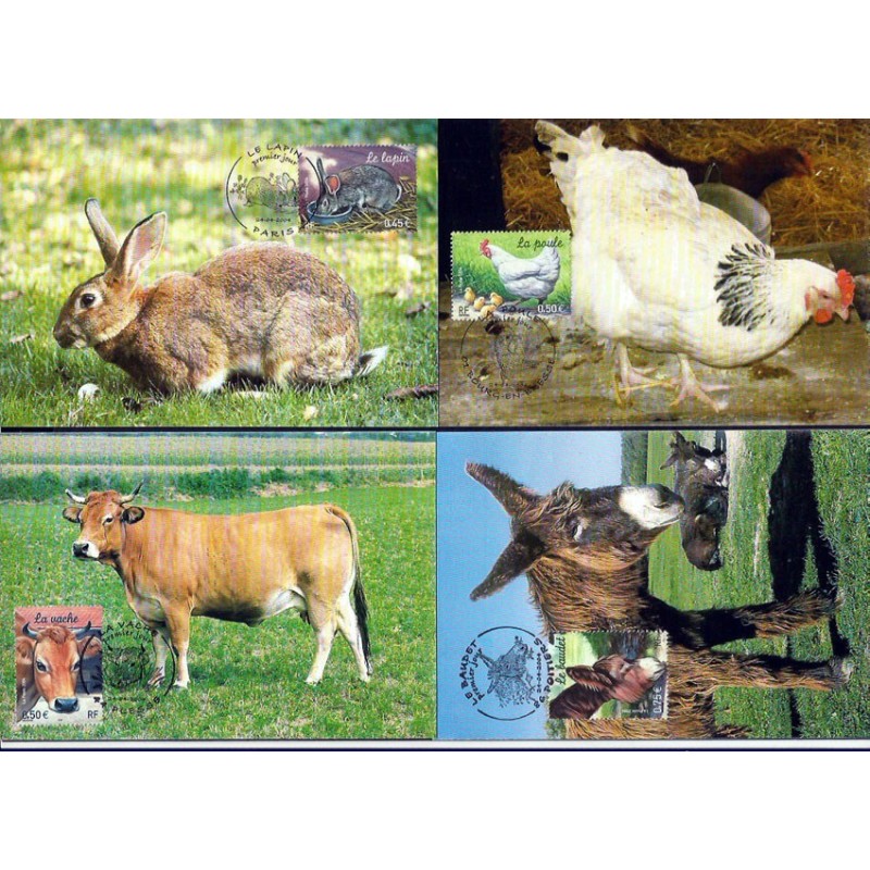 Francja 2004, Zwierzęta hodowlane: krowa, osioł, ptaki, królik. Karty maksimum