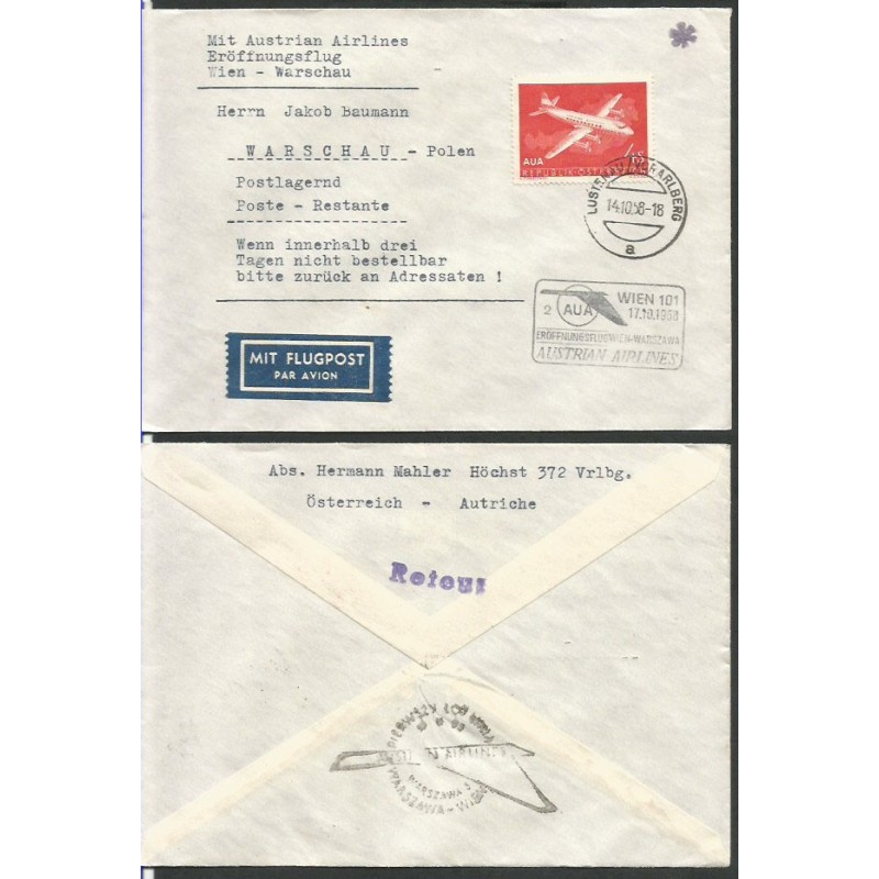 Austria 1958, Pierwszy lot Austria do Polski, Wiedeń Warszawa