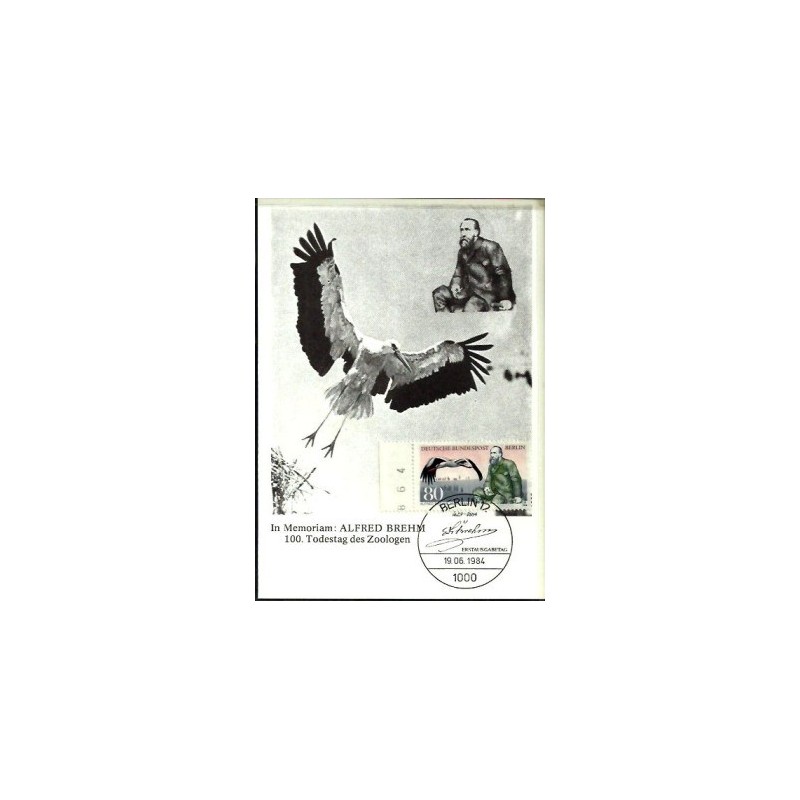 Niemcy 1984, A. Brehm, zoologia, ptak, bocian. Karta maksimum