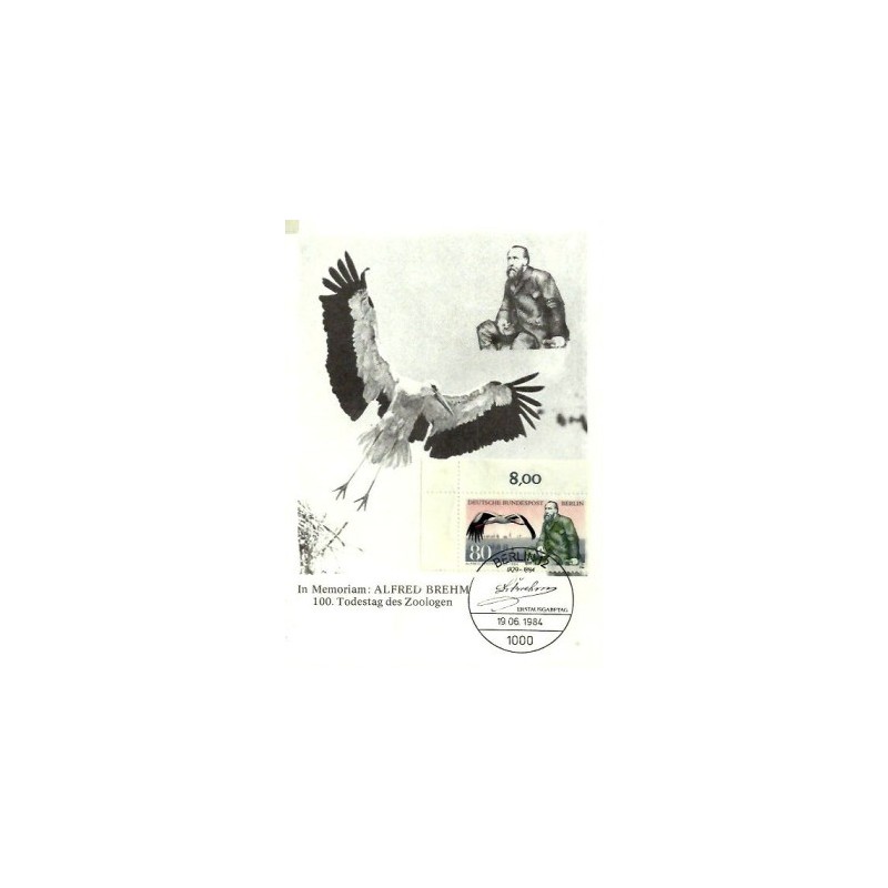 Niemcy 1984, A. Brehm, zoologia, ptak, bocian. Karta maksimum