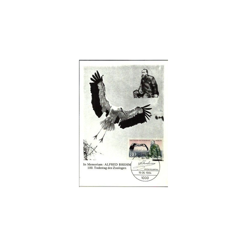 Niemcy 1984, A. Brehm, zoologia, ptak, bocian. Karta maksimum