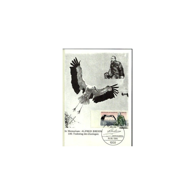 Niemcy 1984, A. Brehm, zoologia, ptak, bocian. Karta maksimum
