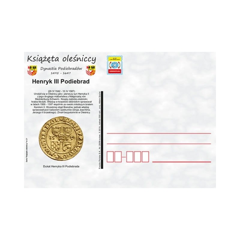 Kartka Wrocław 2014, Książę Henryk III Oleśnica Ziębice Kłodzko, moneta