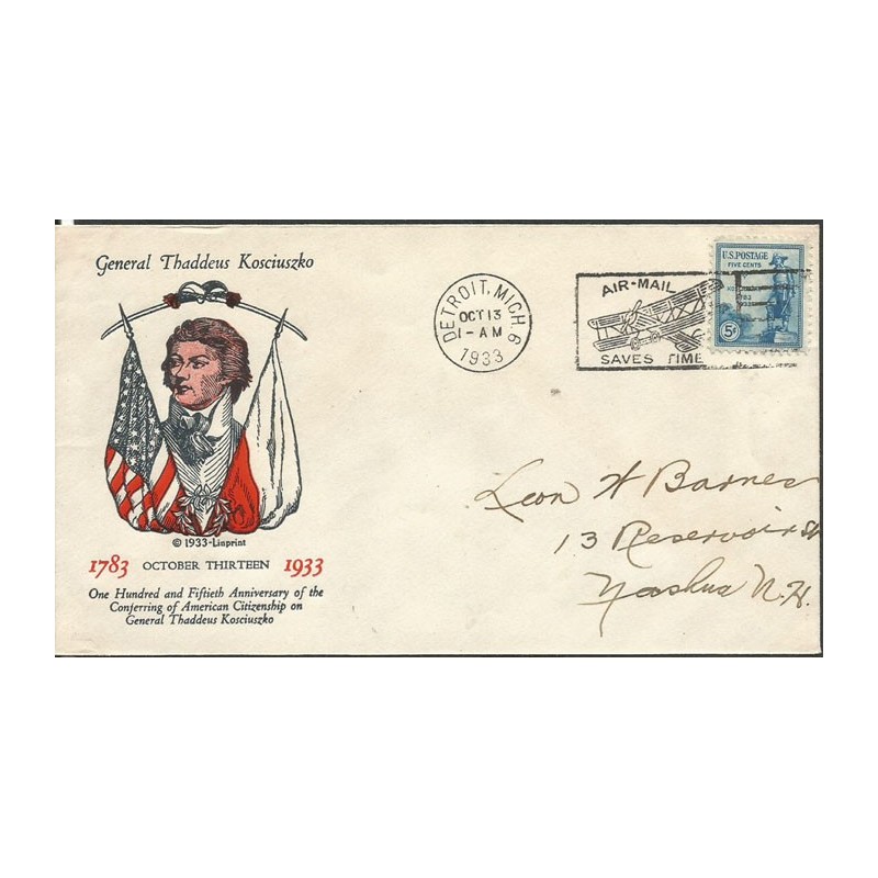 USA 1933, Tadeusz Kościuszko. FDC
