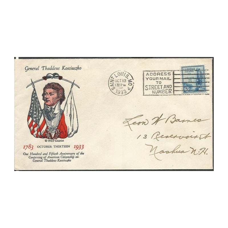 USA 1933, Tadeusz Kościuszko. FDC