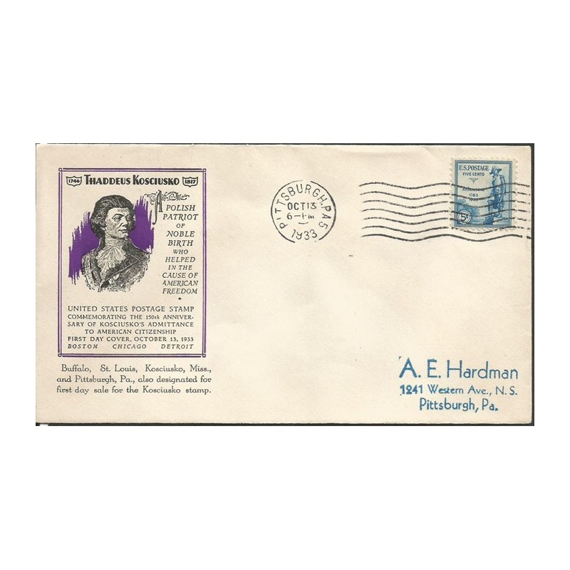 USA 1933, Tadeusz Kościuszko. FDC
