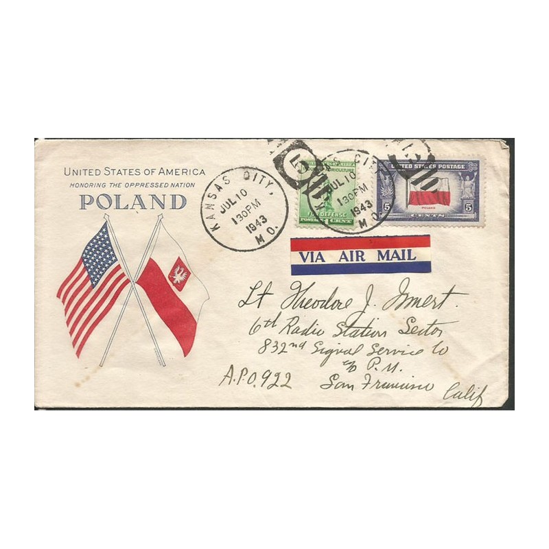 USA 1943, Okupowane kraje: Polska, flaga. Koperta z obiegu