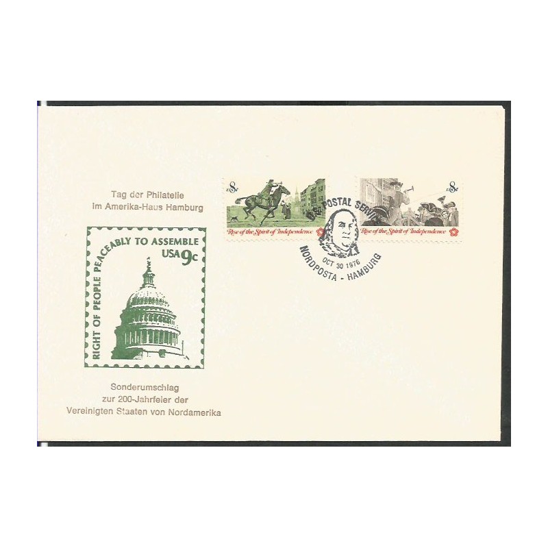 USA 1976, 200 lat USA, prezydent Franklin. Datownik US Postal Service Nordposta Hamburg