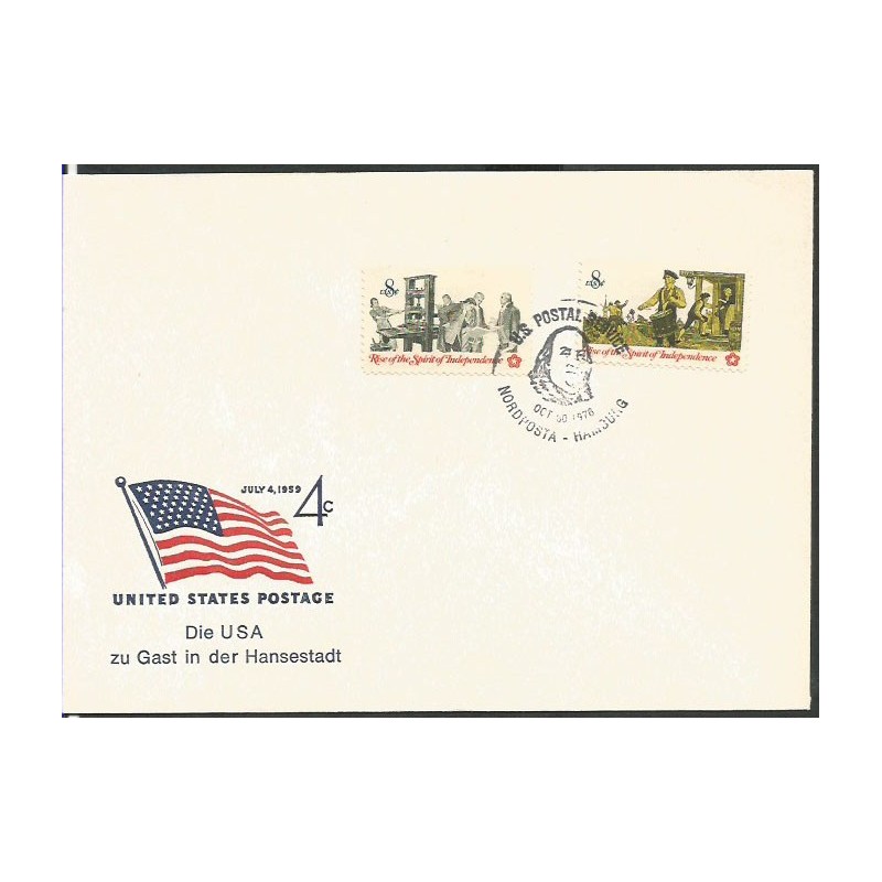 USA 1976, 200 lat USA, prezydent Franklin. Datownik US Postal Service Nordposta Hamburg