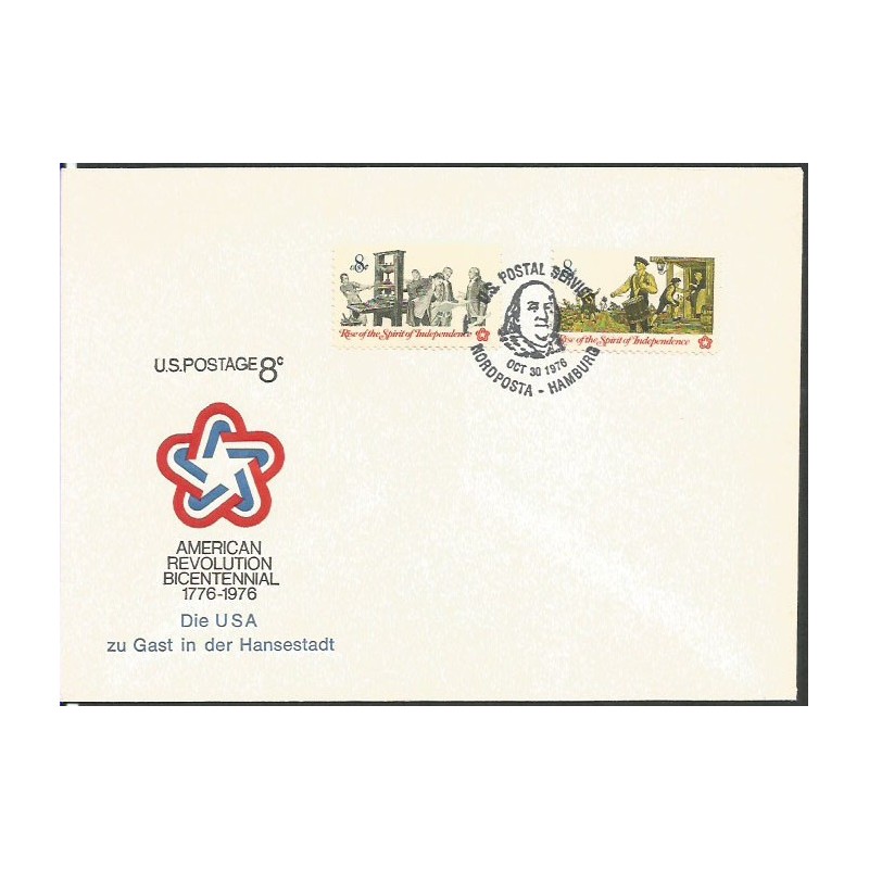 USA 1976, 200 lat USA, prezydent Franklin. Datownik US Postal Service Nordposta Hamburg