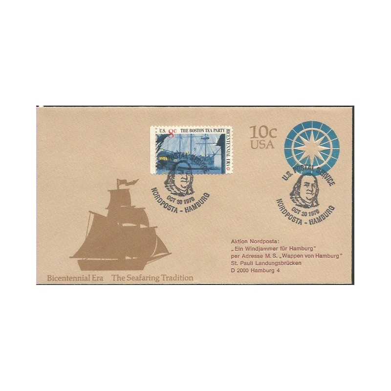 USA 1976, 200 lat USA, prezydent Franklin. Datownik US Postal Service Nordposta Hamburg