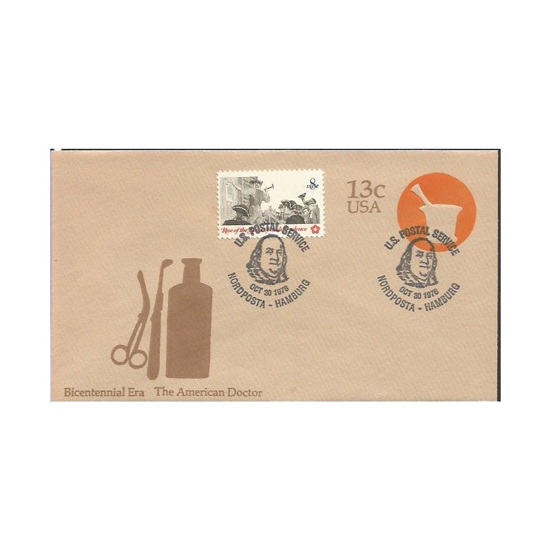 USA 1976, 200 lat USA, prezydent Franklin. Datownik US Postal Service Nordposta Hamburg