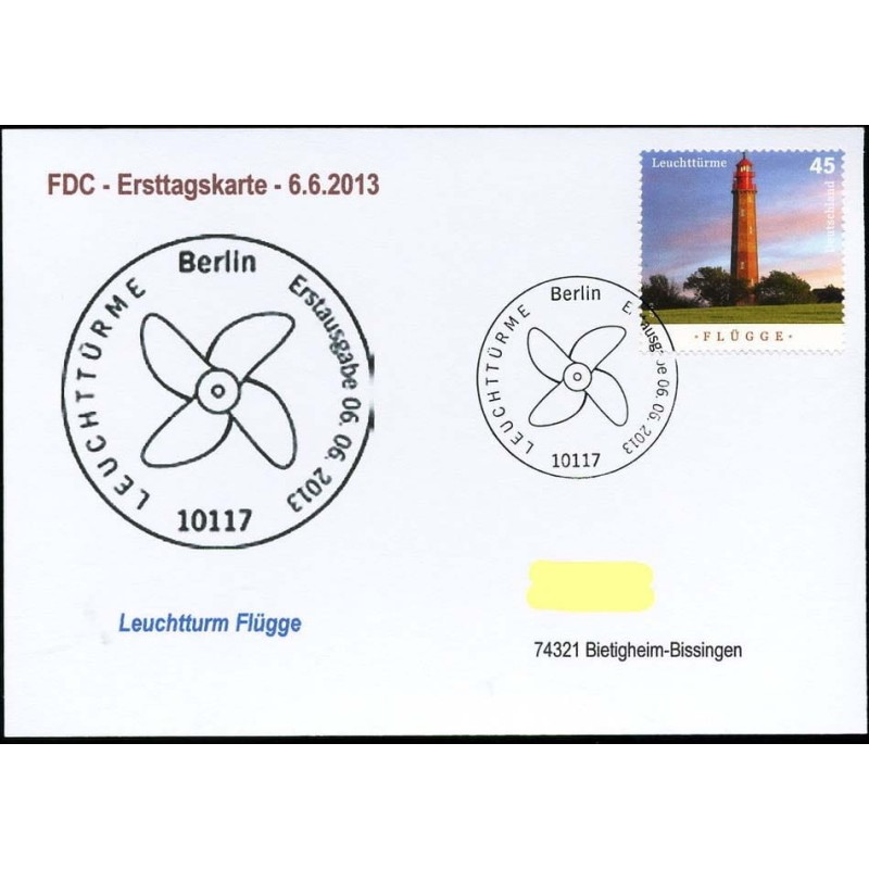 Niemcy 2013, Latarnia morska, kartka FDC.
