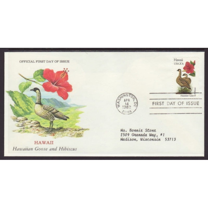 USA Ptaki i kwiaty: Gęś Hibiskus FDC 1982