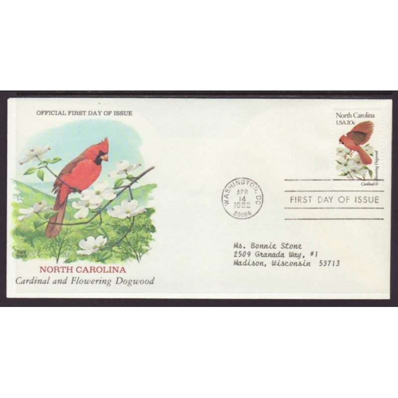 USA Ptaki i kwiaty: Kardynał Dereń FDC 1982