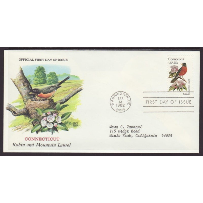 USA Ptaki i kwiaty: Rudzik Wrzos FDC 1982