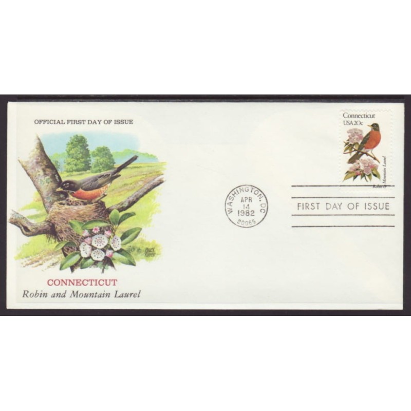 USA Ptaki i kwiaty: Rudzik Wrzos FDC 1982