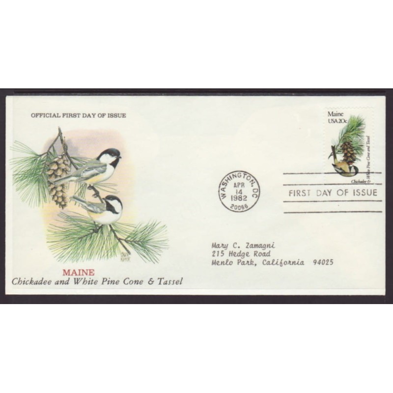 USA Ptaki i kwiaty: Sikorka Sosna FDC 1982