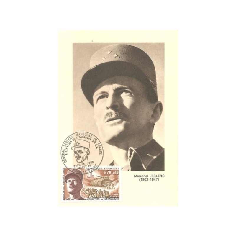 Francja 1969, II wojna, generał Leclerc, czołg. Wyzwolenie Strasburga. Karta maksimum