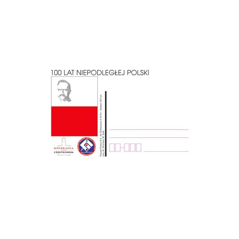 Kartka Katowice 2018, Niepodległość 1918, 100 lat odzyskania niepodległości, Piłsudski, Częstochowa