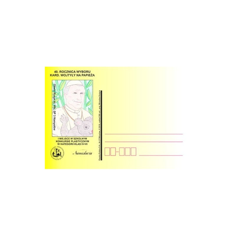 Kartka Wrocław 2018, papież Jan Paweł II, 40 rocznica wyboru. Namysłów. Szkoła, Bolesław Prus