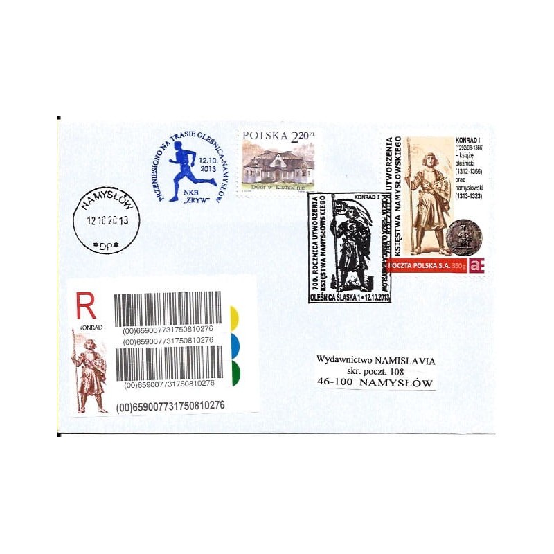 Oleśnica 2013, Księstwo namysłowskie, Namysłów, książę Konrad I. Znaczek personalizowany, datownik, poczta specjalna, polecony