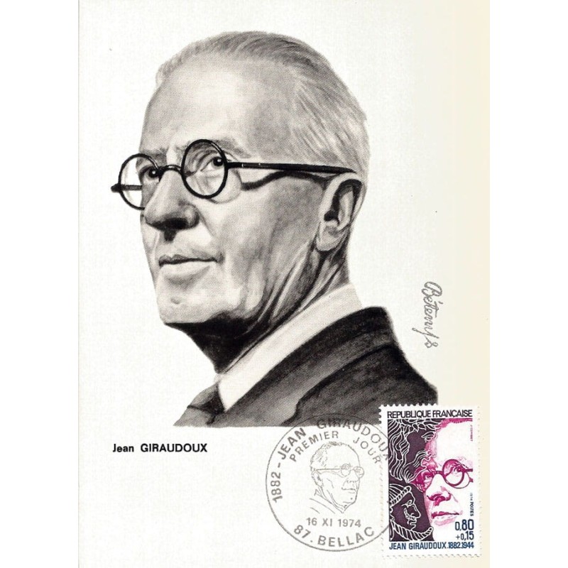 Francja 1974, J. Giraudoux pisarz, literatura. Karta maksimum
