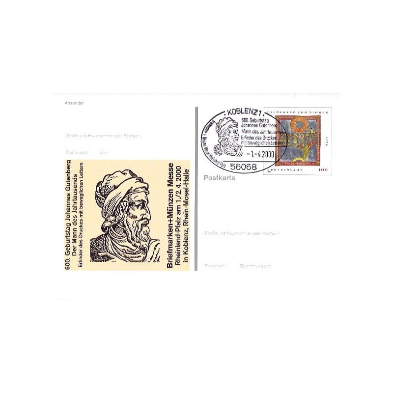 Niemcy 2000, Druk, Gutenberg. Cp z datownikiem Koblencja